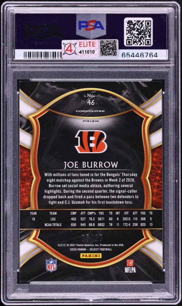 2020 Select Concourse Gold Prizm Joe Burrow ROOKIE /10 #46 PSA 10 GEM MINT