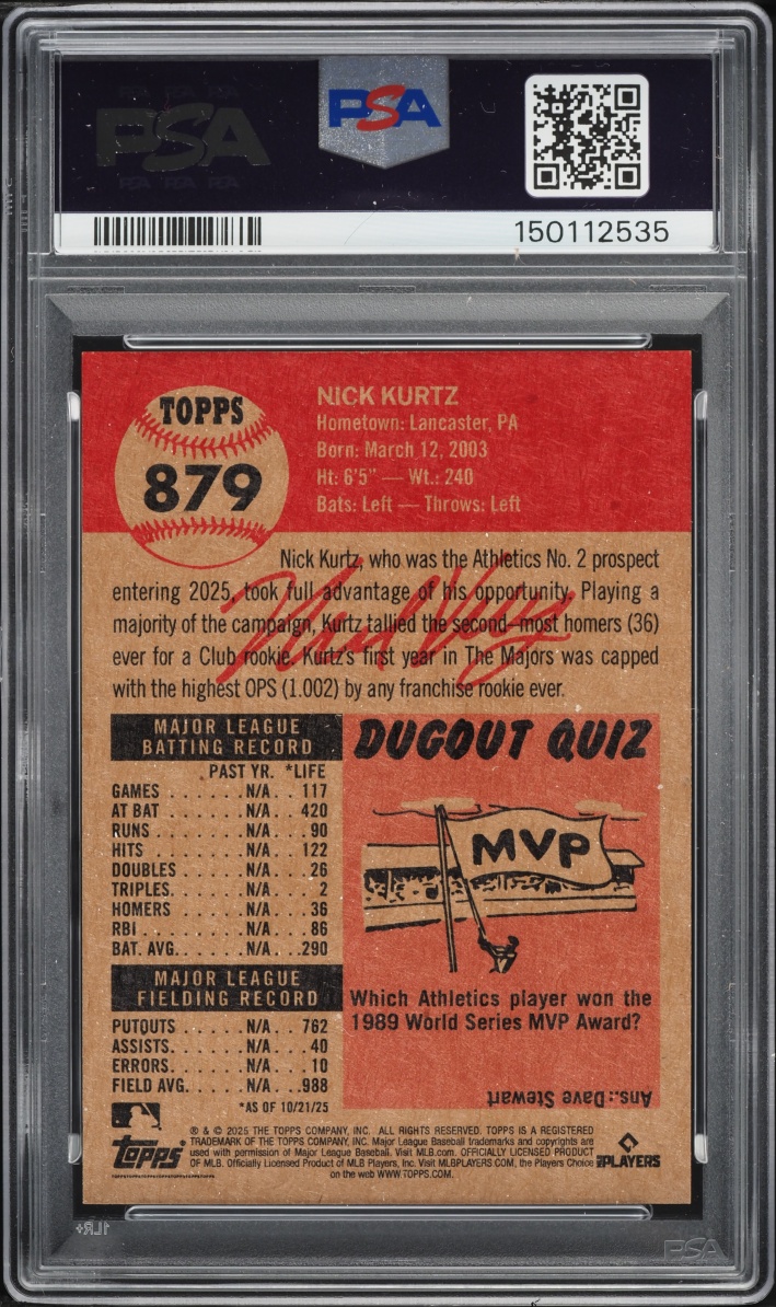 2025 Topps Living Nick Kurtz ROOKIE AUTO DNA 10 #879 PSA 9 MINT