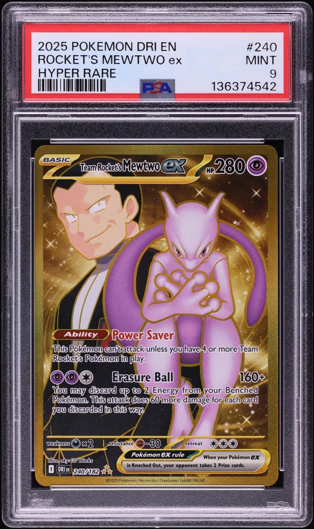 2025 Pokemon Scarlet & Violet Destined Rivals Gold Rare Team Rocket's Mewtwo ex #240 PSA 9 MINT