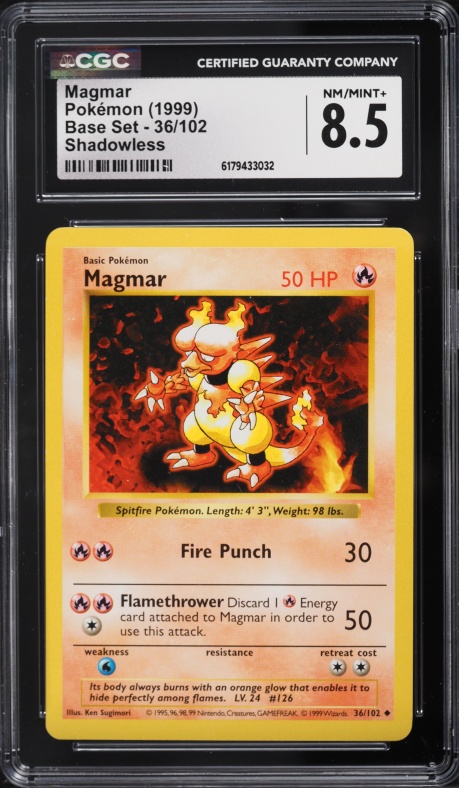 1999 Pokemon Base Set Shadowless Magmar #36 CGC 8.5 NM-MT+