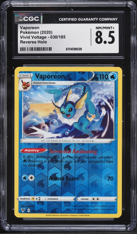 2020 Pokemon Sword & Shield Vivid Voltage Reverse Holo Vaporeon #30 CGC 8.5 NM-MT+