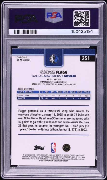 2025 Topps Chrome Cooper Flagg ROOKIE #251 PSA 9 MINT