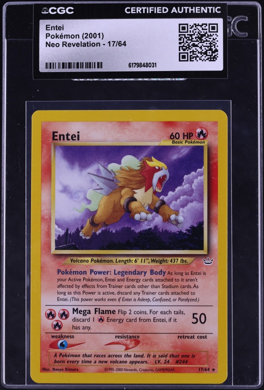 entei pokemon card 6 64 holographic value Entei (2001) Neo Revelation 1st Ed. Holo [RRR] Protective Flame (50) During your opponents next turn Pokemon - Entei Legendary Pokemon
