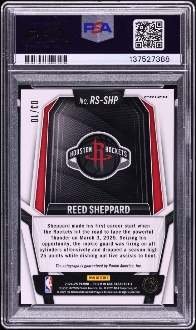 2024 Panini Prizm Black Gold Shimmer FOTL Reed Sheppard ROOKIE AUTO /10 #RS-SHP PSA 10 GEM MINT