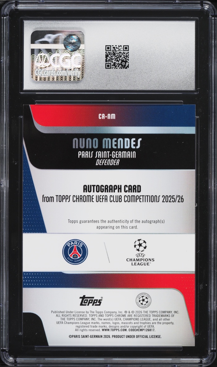2025 Topps Chrome UEFA CC Orange Lava Refractor Nuno Mendes AUTO /25 #CA-NM CGC 10 GEM MINT