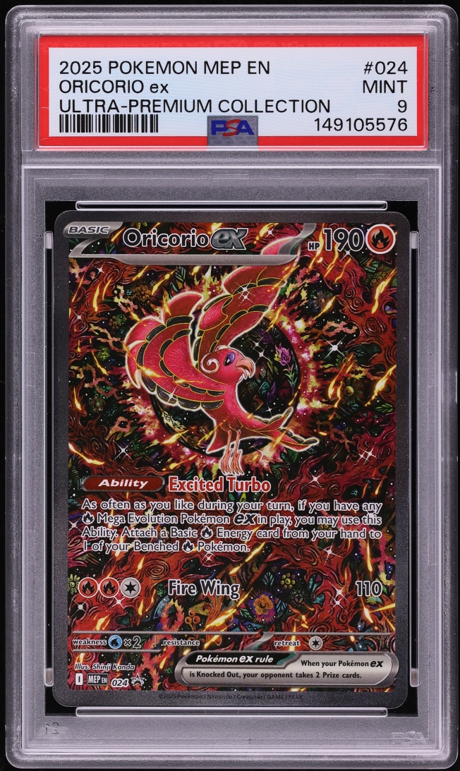2025 Pokemon Mega Promo Mega Charizard X ex Ultra Premium Full Art Oricorio ex #24 PSA 9 MINT