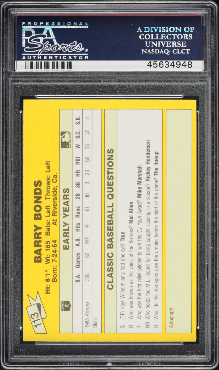 1987 Classic Travel Update Yellow Back Barry Bonds ROOKIE #113 PSA 10 GEM MINT
