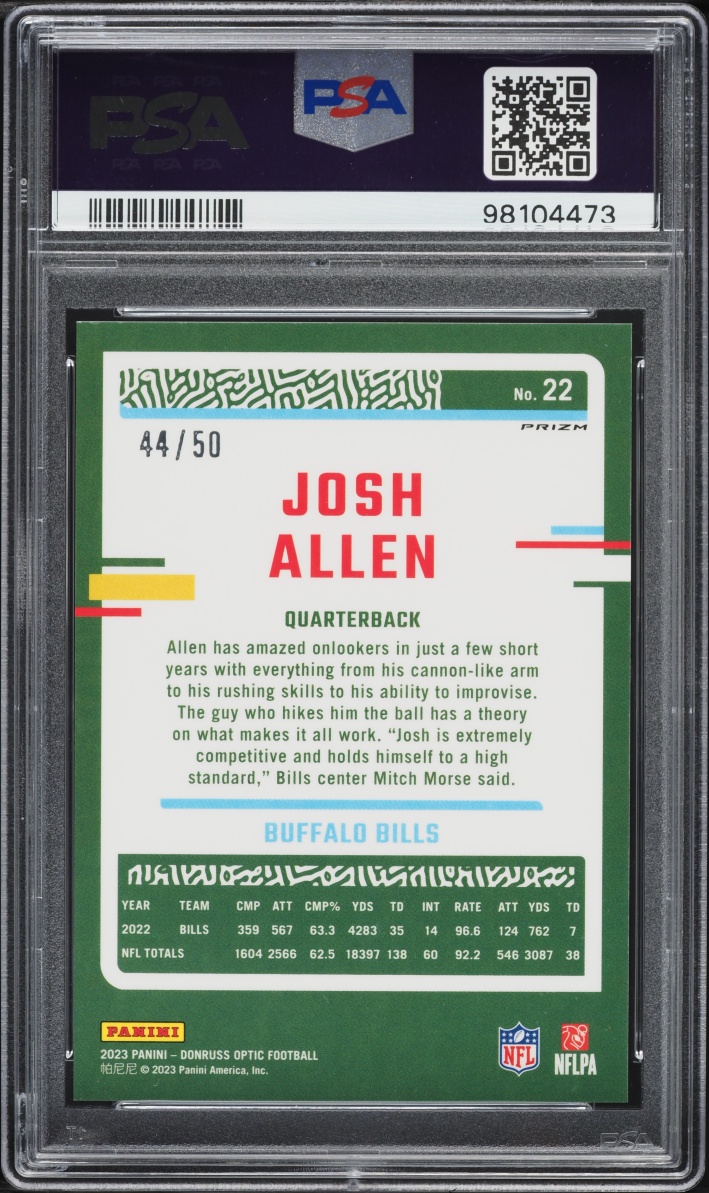 2023 Donruss Optic Purple Prizm Josh Allen /50 #22 PSA 9 MINT