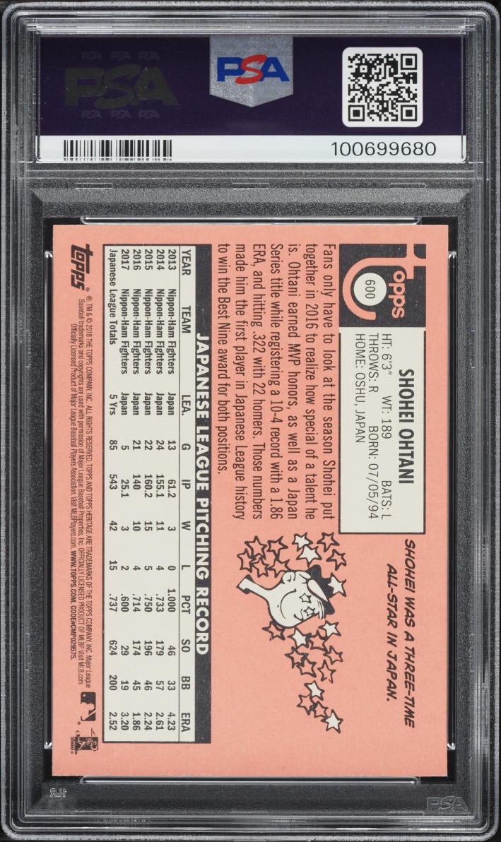 2018 Topps Heritage Shohei Ohtani ROOKIE #600 PSA 10 GEM MINT