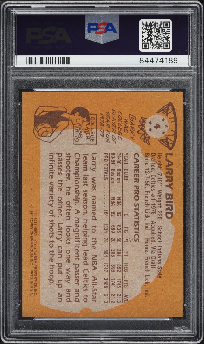 1981 Topps Basketball Larry Bird #4 PSA 8 NM-MT