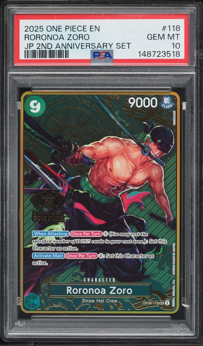 2025 One Piece 2nd Anniversary Set SEC Alt Art Roronoa Zoro #118 PSA 10 GEM MINT