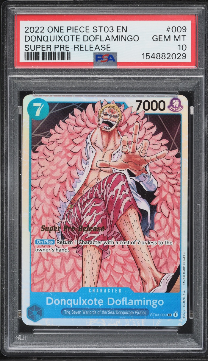 2022 One Piece Seven Warlords Of The Sea Pre-Release SR Donquixote Doflamingo #ST03-009 PSA 10