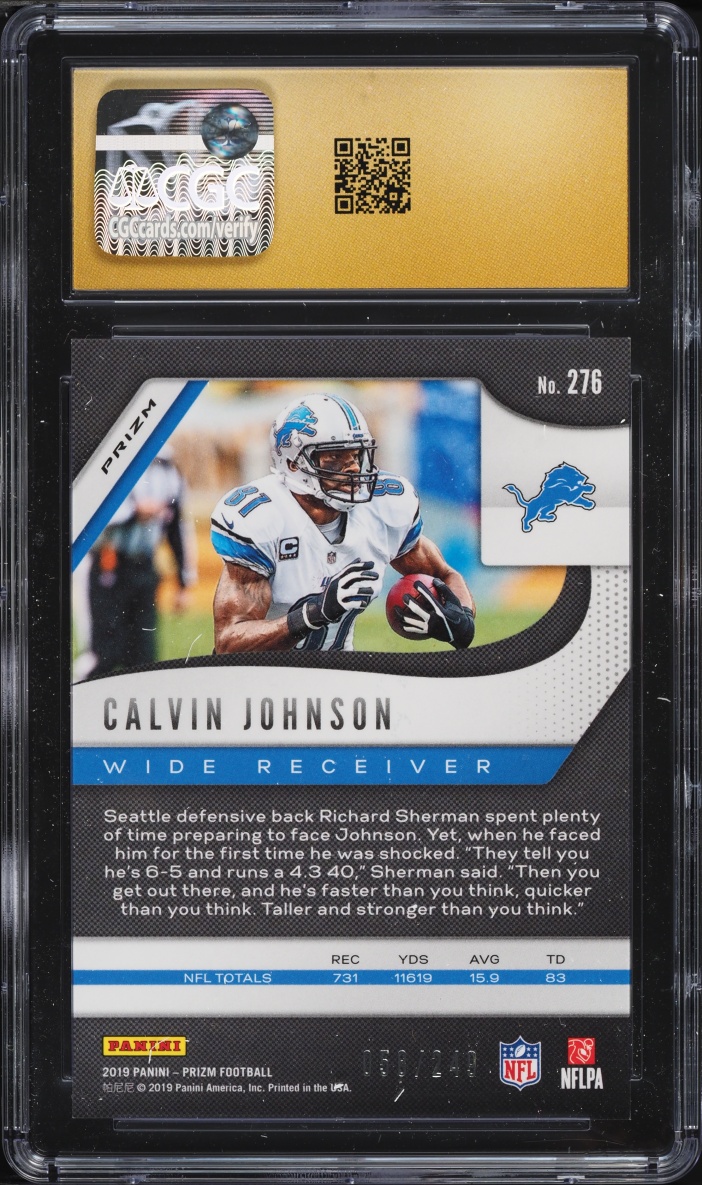 2019 Panini Prizm Orange Calvin Johnson /249 #276 CGC 10 PRISTINE