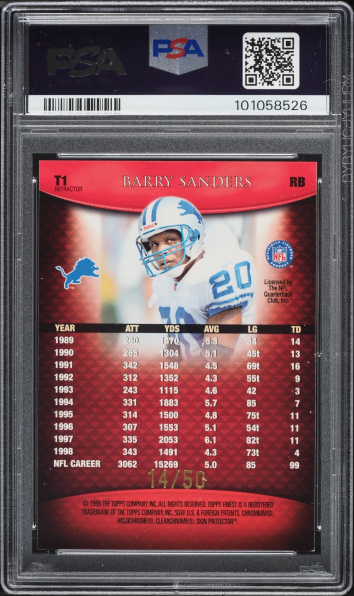 1999 Finest Team Red Refractor Barry Sanders /50 #T1 PSA 8 NM-MT
