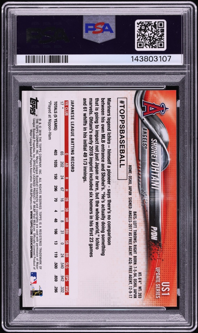 2018 Topps Update Shohei Ohtani ROOKIE #US1 PSA 10 GEM MINT