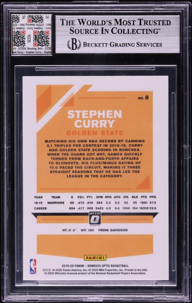 2019 Donruss Optic Stephen Curry PATCH AUTO #8 BGS AUTH