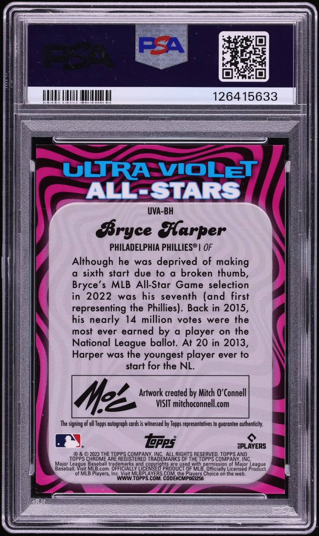2023 Topps Chrome Ultraviolet All-Stars Red Refractor Bryce Harper AUTO 5/5 #UVABH PSA 10 GEM