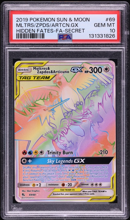 pokemon card moltres zapdos articuno rainbow rare Hp+ Moltres Zapdos Articuno GX 69/68 Rainbow