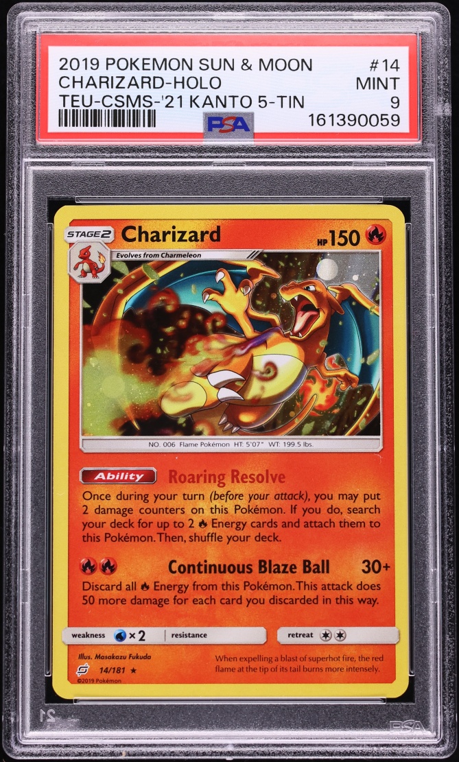2019 Pokemon Sun & Moon Team Up '21 Kanto Powers Mini Tin Cosmos Holo Charizard #14 PSA 9 MINT