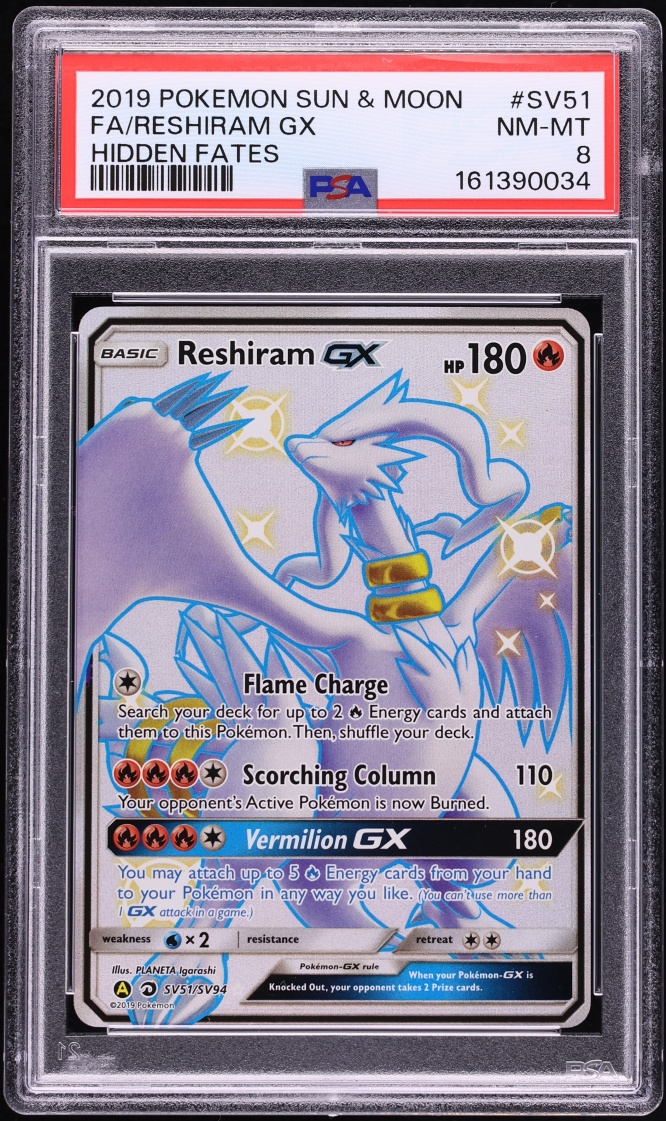 2019 Pokemon Sun & Moon Hidden Fates Shiny Reshiram GX #SV51 PSA 8 NM-MT