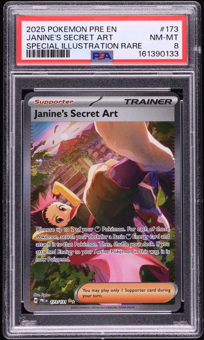 2025 Pokemon Scarlet & Violet Prismatic Evolutions SIR Janine's Secret Art #173 PSA 8 NM-MT
