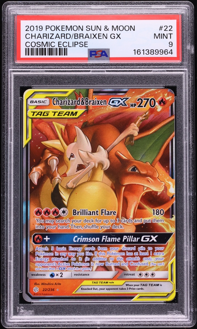 2019 Pokemon Sun & Moon Cosmic Eclipse Holo Charizard & Braixen Gx #22 PSA 9 MINT