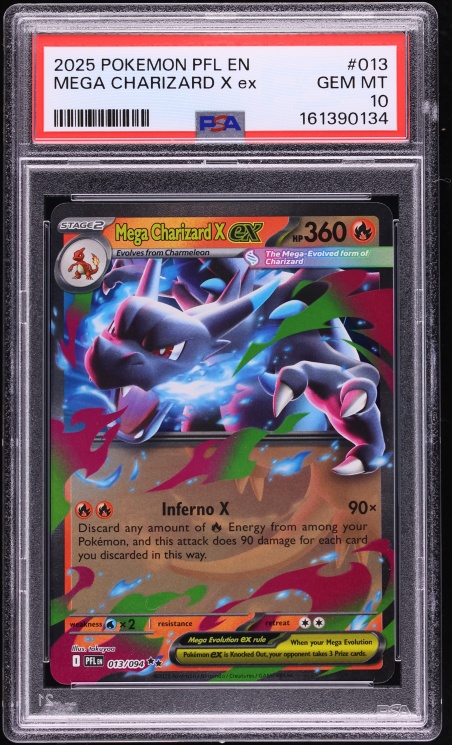 ultra rare legendary mega evolution pokemon cards 2025 Phantasmal Flames Holo Mega Charizard X EX #13 PSA 9 MINT on Fanatics Collect The Pokemon Mega Gengar ex Moonlit Tin includes 4 booster packs and a promo card Pokemon ME01: Mega Evolution Double
