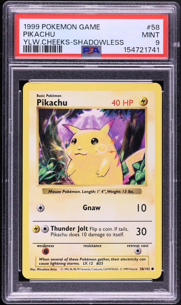 1999 Pokemon Game Pikachu Shadowless Yellow Cheeks #58 PSA 9
