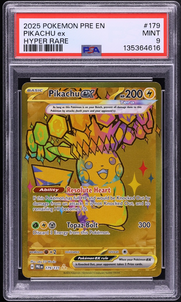 2025 Pokemon Scarlet & Violet Prismatic Evolutions Gold Rare Pikachu ex #179 PSA 9 MINT