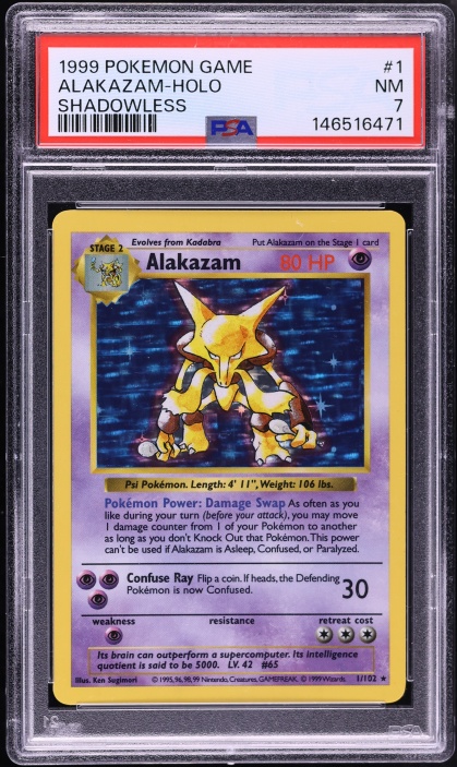 1999 Pokemon Base Set Shadowless Holo Alakazam #1 PSA 7 NRMT