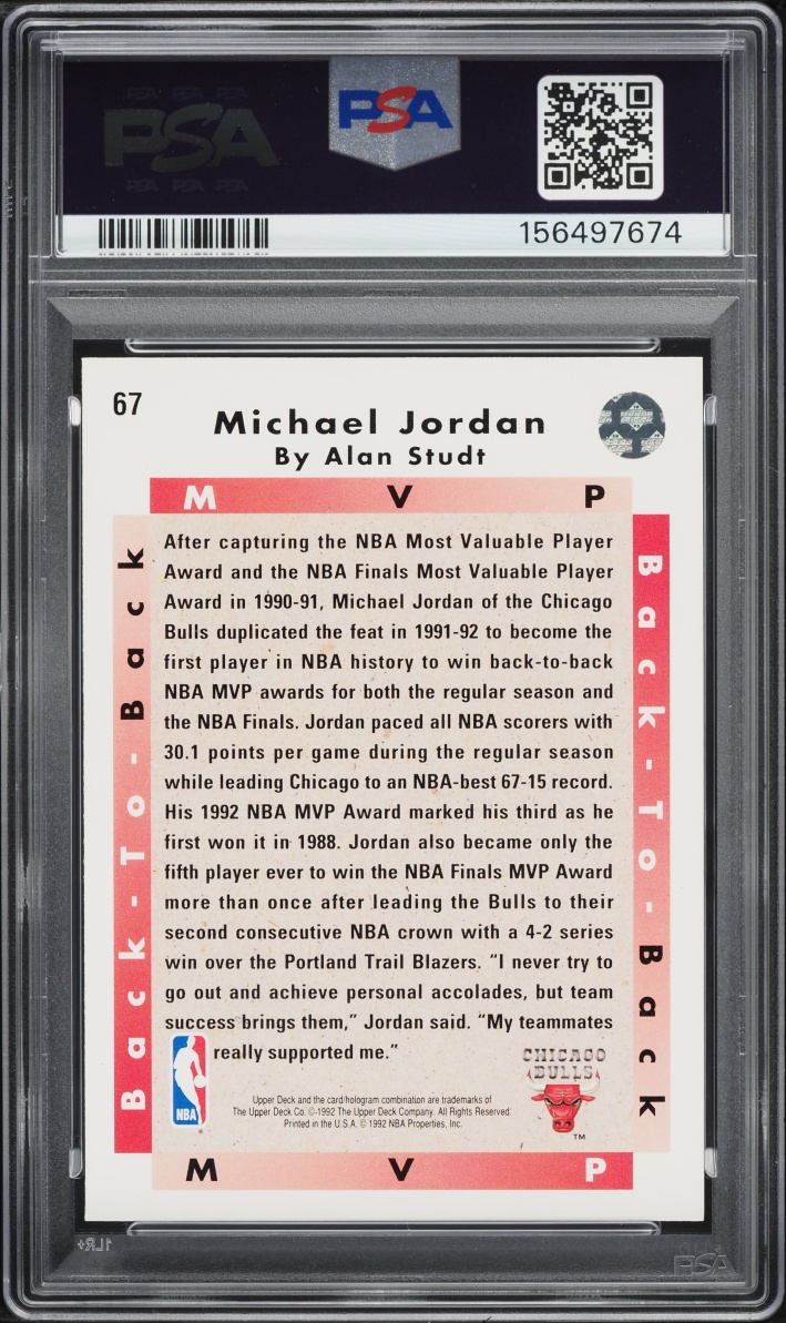 1992 Upper Deck Back To Back MVP Michael Jordan #67 PSA 8 NM-MT