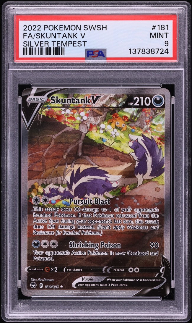 2022 Pokemon Sword & Shield Silver Tempest Full Art Skuntank V #181 PSA 9 MINT