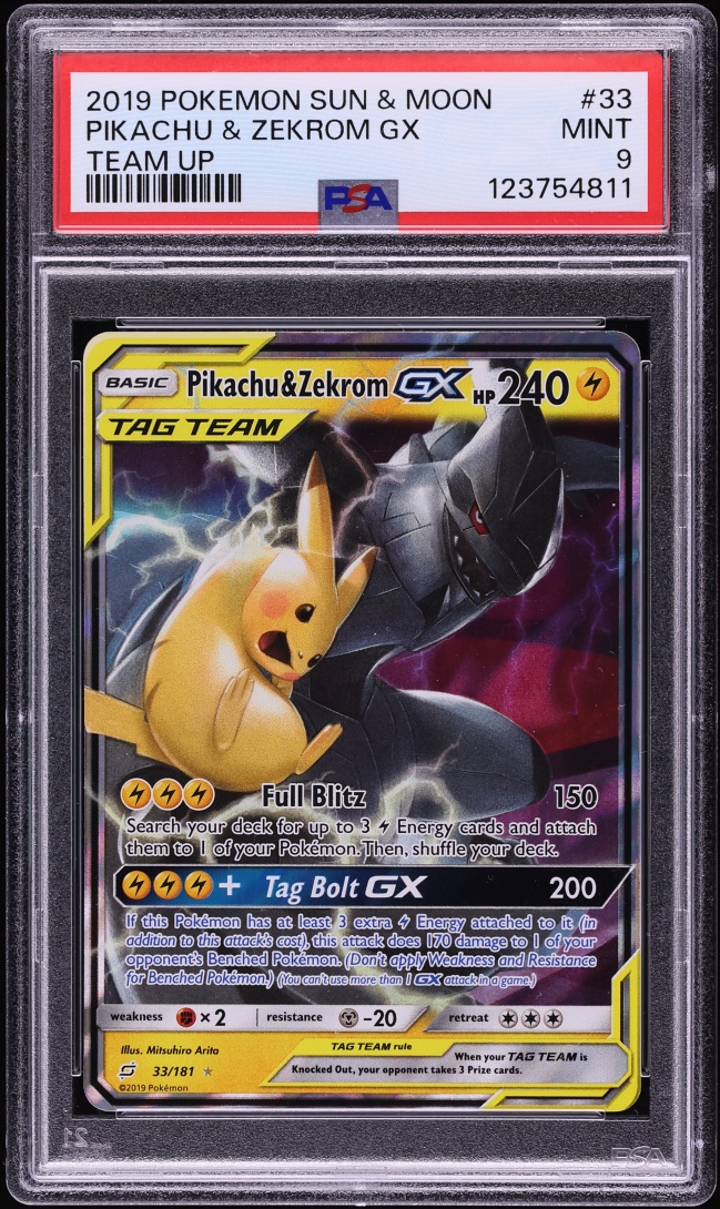 2019 Pokemon Sun & Moon Team Up Holo Pikachu & Zekrom GX #33 PSA 9 MINT