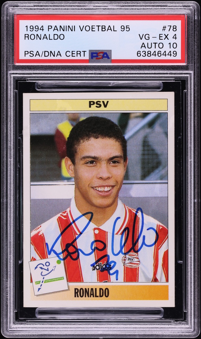 1995 Panini Voetbal Ronaldo ROOKIE AUTO DNA 10 #78 PSA 4 VGEX
