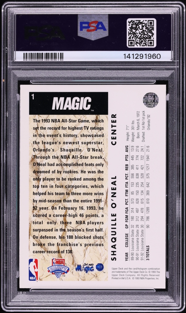 1992 Upper Deck Basketball Shaquille O'Neal ROOKIE #1 PSA 8 NM-MT