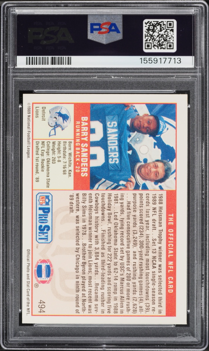 1989 Pro Set Football Barry Sanders ROOKIE #494 PSA 8 NM-MT