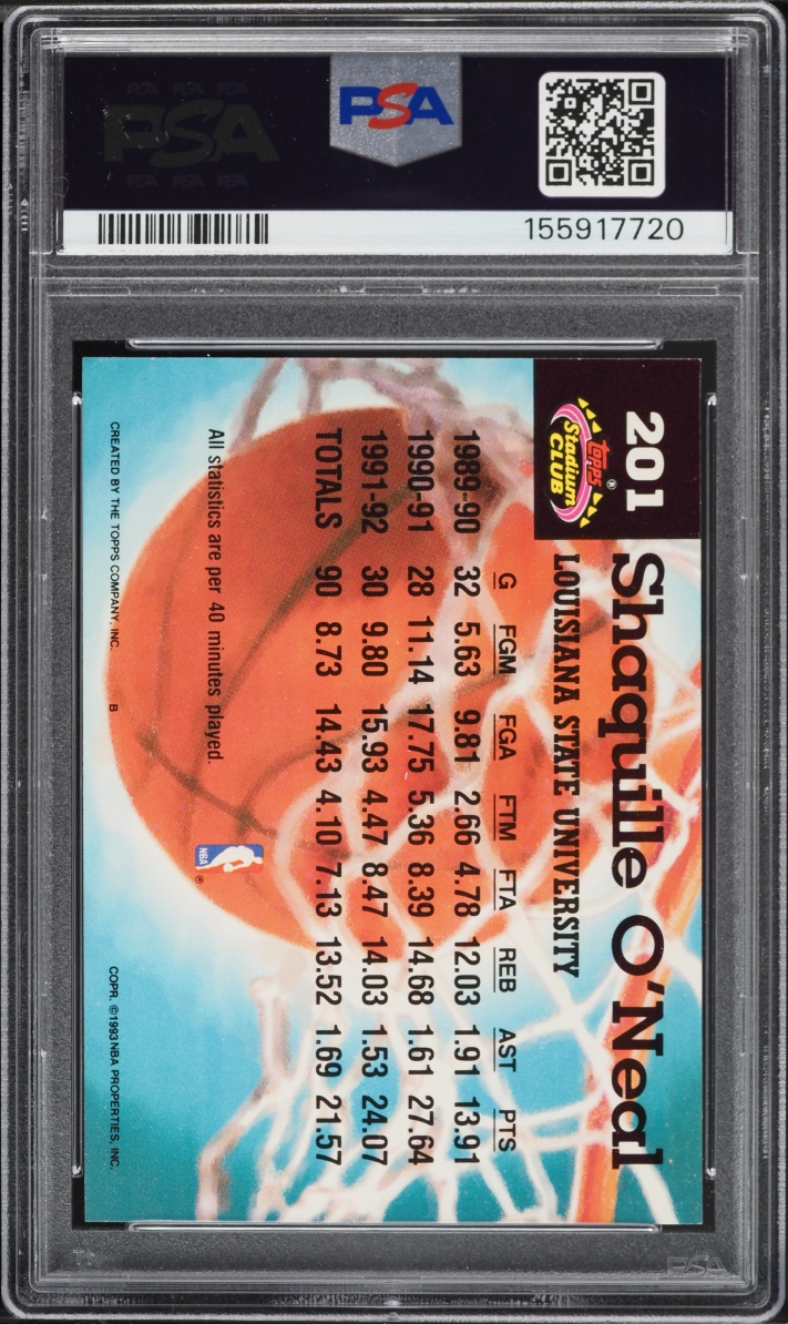 1992 Stadium Club Members Choice Shaquille O'Neal ROOKIE #201 PSA 9 MINT