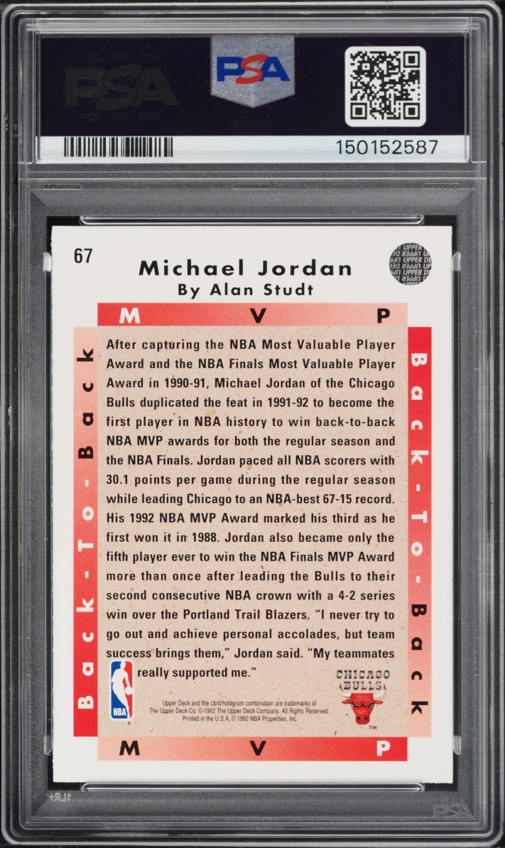 1992 Upper Deck Back To Back MVP Michael Jordan #67 PSA 8 NM-MT