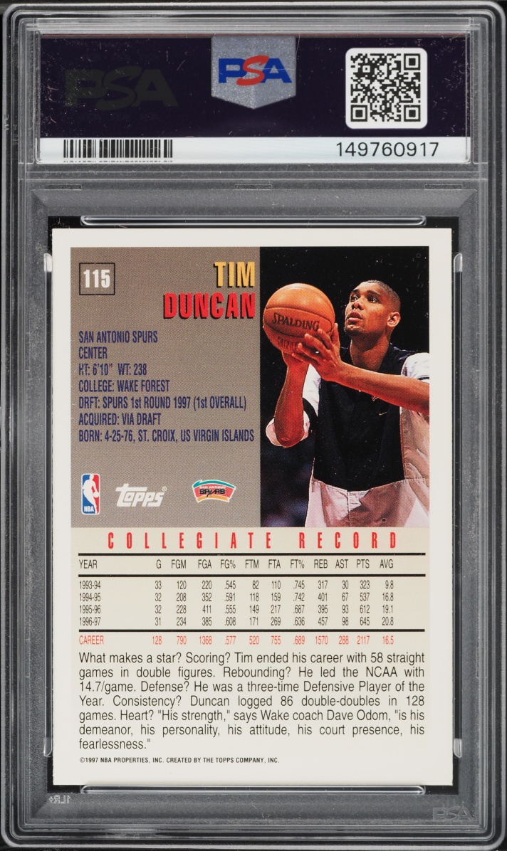 1997 Topps Basketball Tim Duncan ROOKIE #115 PSA 9 MINT