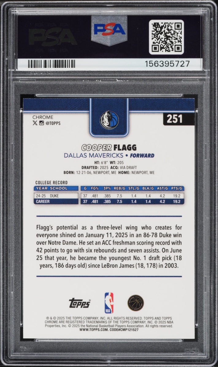 2025 Topps Chrome Cooper Flagg ROOKIE #251 PSA 9 MINT