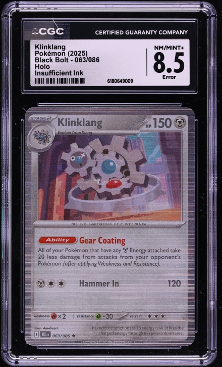 2025 Pokemon Black Bolt Holo Insufficient Ink Klinklang #063 CGC 8.5 NM-MT+