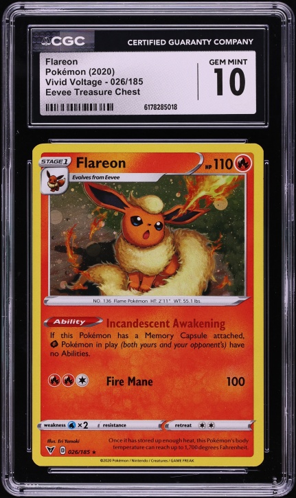 2020 Pokemon Sword & Shield Vivid Voltage Eevee Treasure Chest Flareon #026 CGC 10 GEM MINT