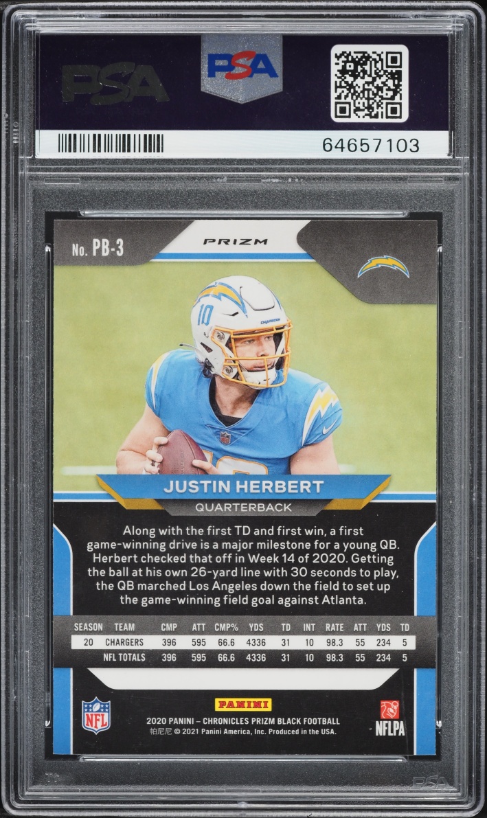 2020 Panini Chronicles Prizm Black Silver Justin Herbert ROOKIE #PB-3 PSA 10 GEM MINT