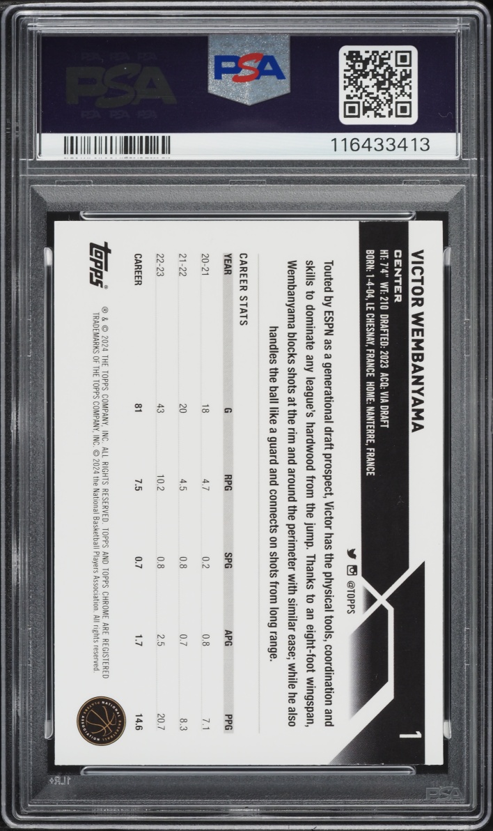 2023 Topps Chrome Blue Basketball Refractor Victor Wembanyama ROOKIE #1 PSA 10 GEM MINT