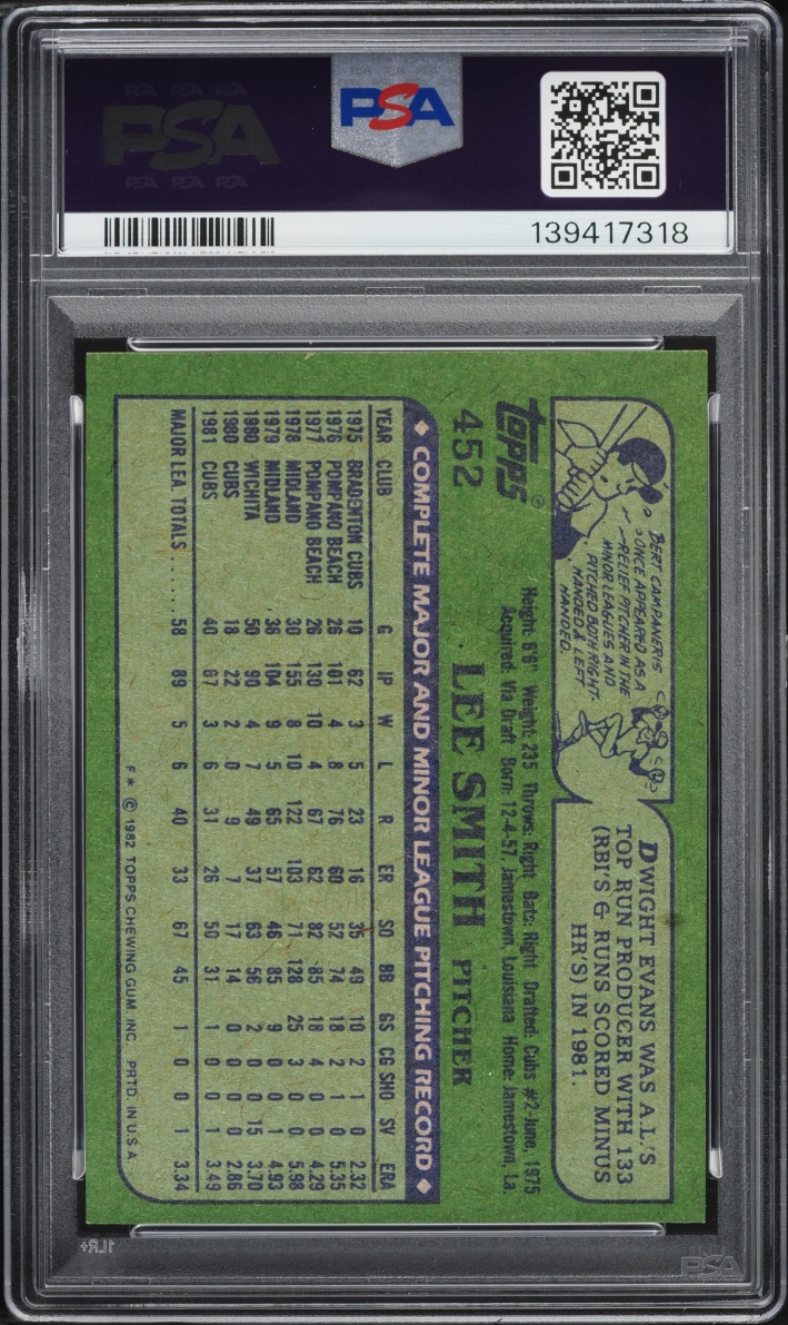 1982 Topps Lee Smith ROOKIE #452 PSA 9 MINT