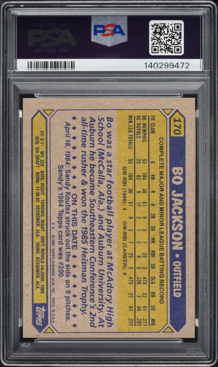 1987 Topps Future Stars Bo Jackson ROOKIE #170 PSA 8 NM-MT