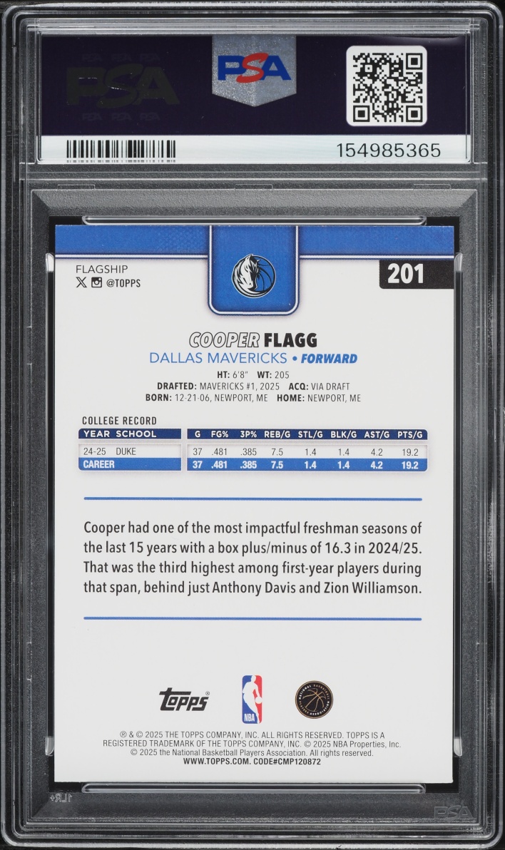 2025 Topps Basketball Cooper Flagg ROOKIE #201 PSA 8 NM-MT