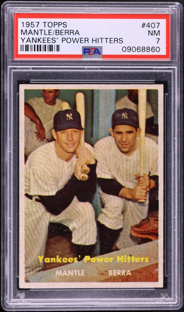 1957 Topps Mickey Mantle & Yogi Berra YANKEES' POWER HITTERS #407 PSA 7 NRMT
