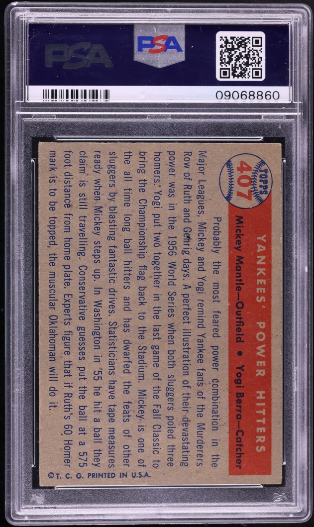 1957 Topps Mickey Mantle & Yogi Berra YANKEES' POWER HITTERS #407 PSA 7 NRMT