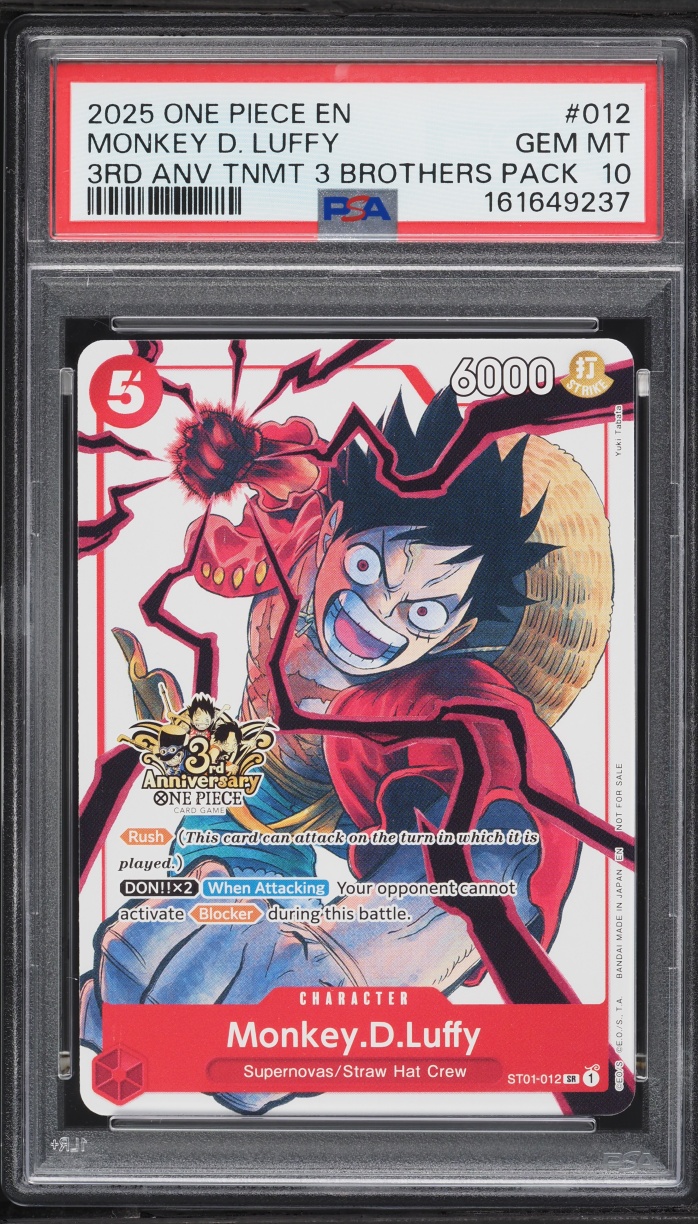 2025 One Piece Promo 3rd Anniversary Tournament 3 Brothers SR Monkey D. Luffy #ST01-012 PSA 10